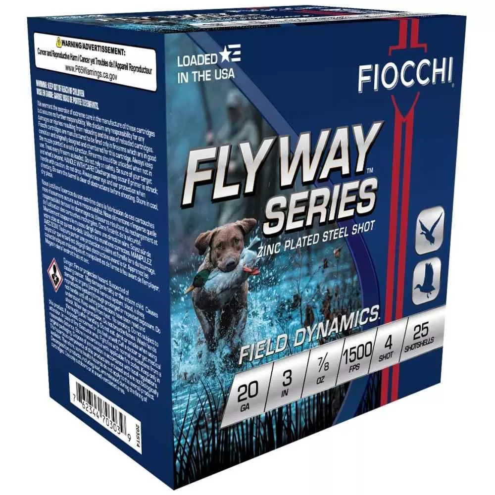 Fiocchi Flyway Steel Shotshells 20 ga 3″ 7/8oz 1500fps #4 25/ct